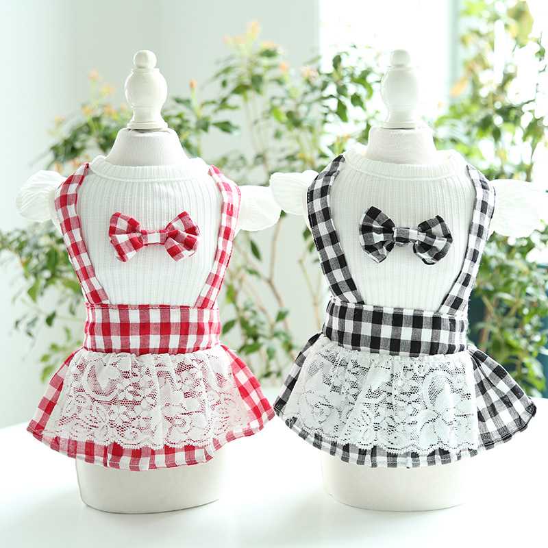 Pet Clothes Dog Clothes Sweet Version Lace Plaid Bowknot Dog Skirt Pet Dress