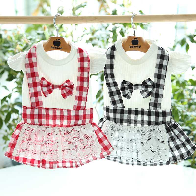 Pet Clothes Dog Clothes Sweet Version Lace Plaid Bowknot Dog Skirt Pet Dress