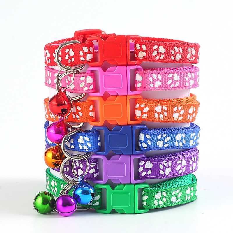 Pet Cute Solid Color Footprints Print Adjustable Buckle Pet Collar Nylon Cat Nylon Collar Ring With Bells