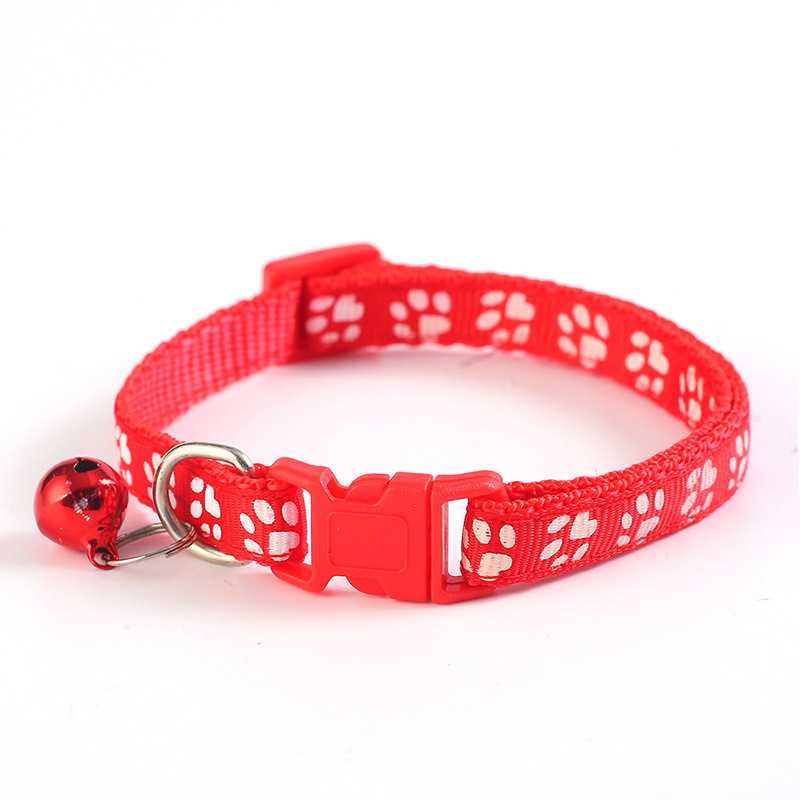 Pet Cute Solid Color Footprints Print Adjustable Buckle Pet Collar Nylon Cat Nylon Collar Ring With Bells