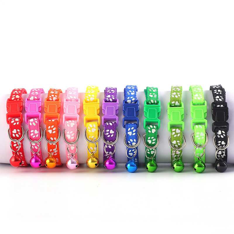 Pet Cute Solid Color Footprints Print Adjustable Buckle Pet Collar Nylon Cat Nylon Collar Ring With Bells