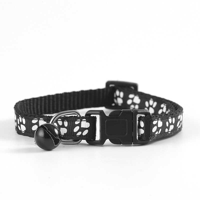 Pet Cute Solid Color Footprints Print Adjustable Buckle Pet Collar Nylon Cat Nylon Collar Ring With Bells