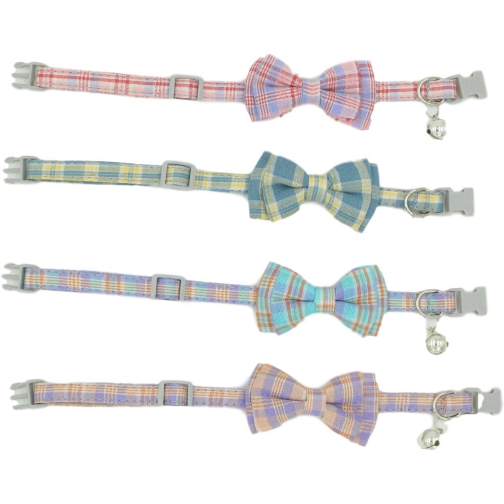 Plaid Bow Tie Cat Collar Bells Pet Collars