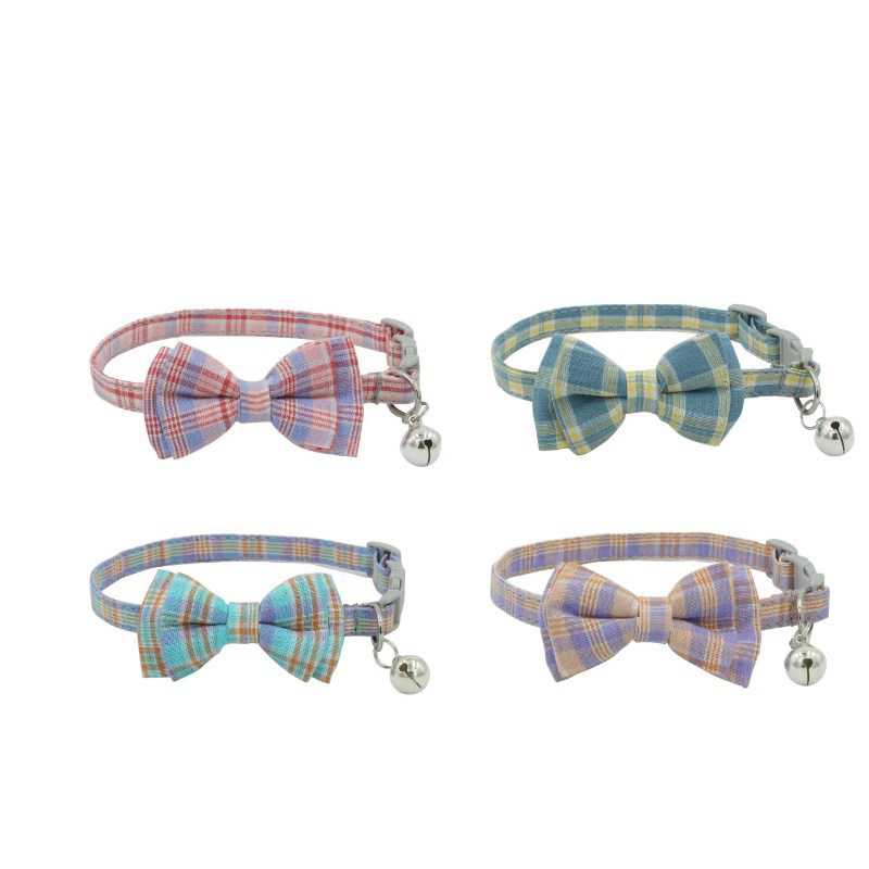 Plaid Bow Tie Cat Collar Bells Pet Collars