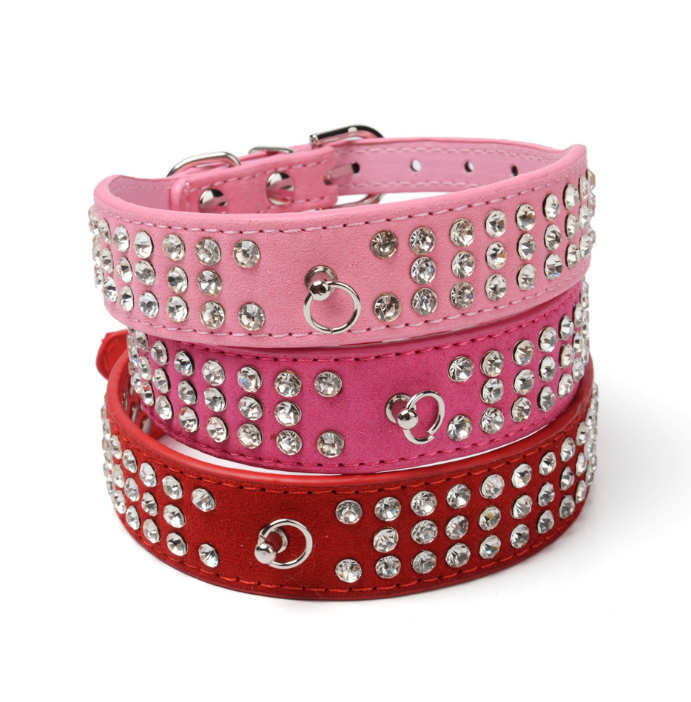 Rhinestone Dog Collar Microfiber Leather Pet Collar Blinged Pet Neck Collars