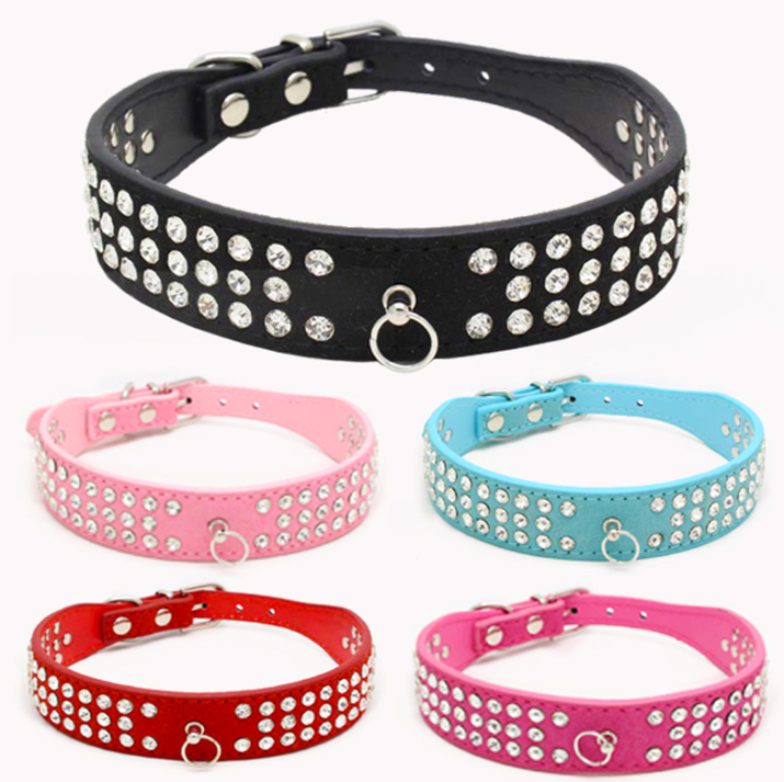 Rhinestone Dog Collar Microfiber Leather Pet Collar Blinged Pet Neck Collars