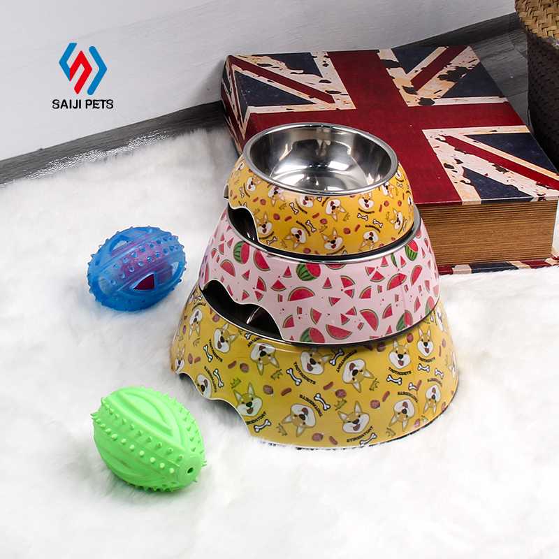 Saiji Printing Removable Pet Food Feeder Round Non Spill Melamine Stainless Steel Cat Dog Bowl