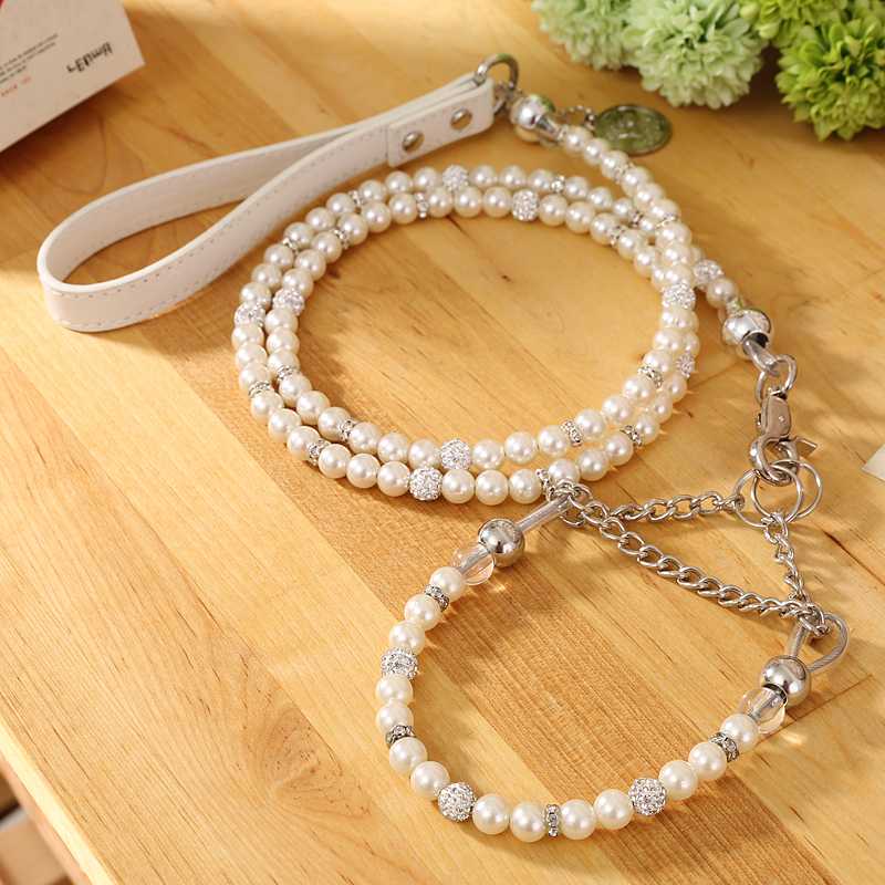 Silver Pearl Pet Collar Leash Set