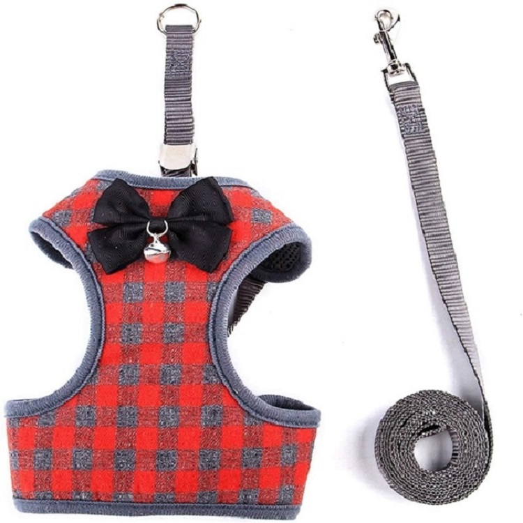 Small Dog Harness Leash Set Adjustable Harness Plaid Pattern Mesh Nylon Vest With Bow Tie Bell Small Dogs