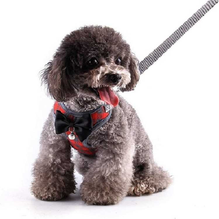 Small Dog Harness Leash Set Adjustable Harness Plaid Pattern Mesh Nylon Vest With Bow Tie Bell Small Dogs