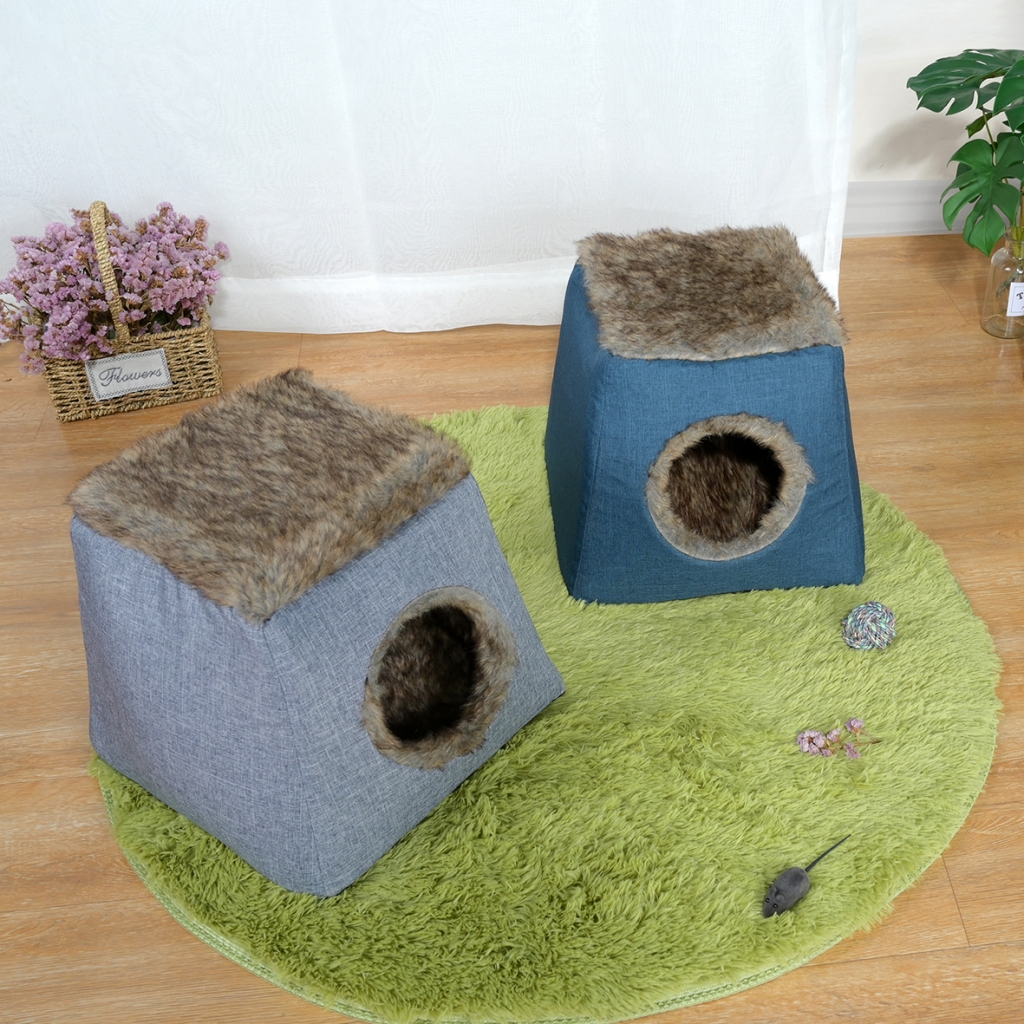 Small Size Fluffy Cat Cave Square Shape Pet Bed Soft Plush Cat Bed Pet Supplies