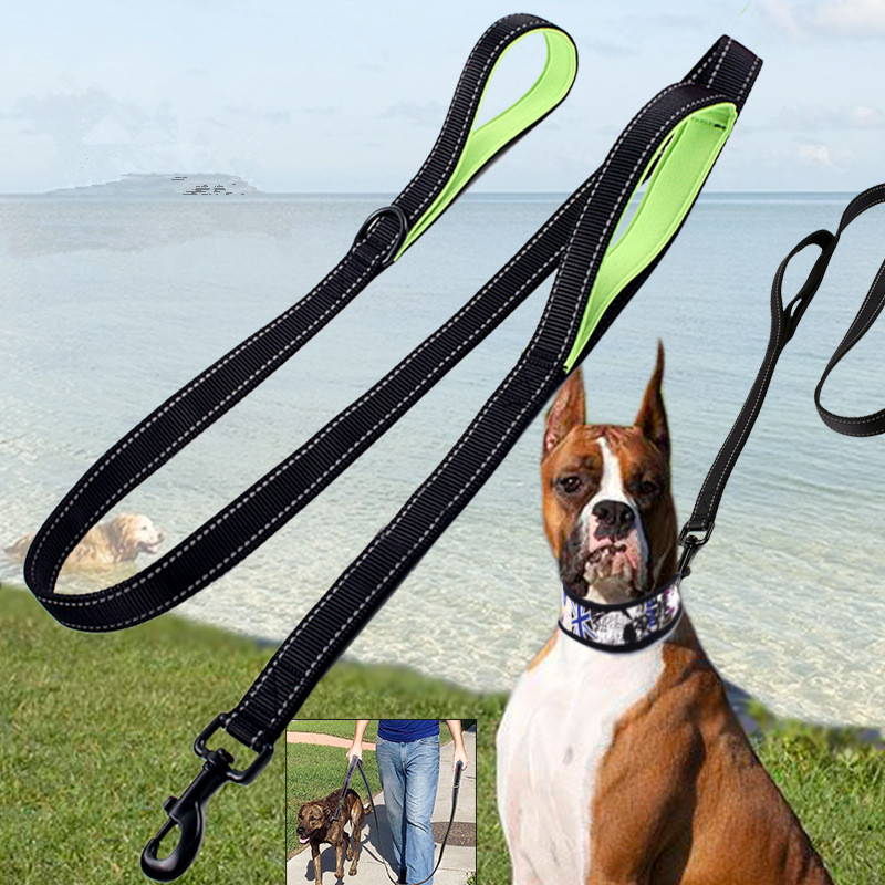 Soft Double Handle Reflective Nylon Pet Dog Leash Two Padded Handles Pet Lead
