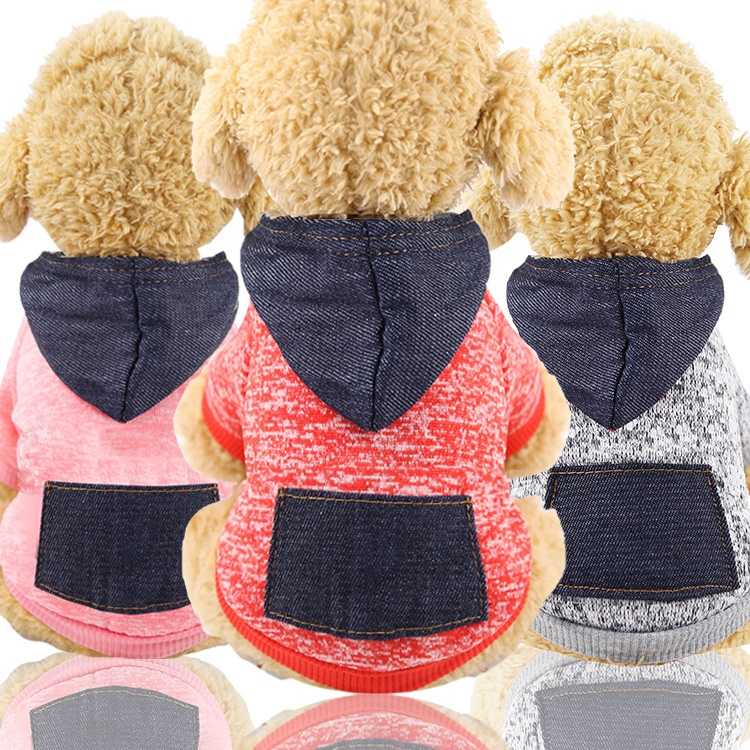 Sohpety Custom Pet Plush Clothes Denim Pocket Dog Sweater Soft Warm Pup Shirt Winter Puppy Dog Outfit