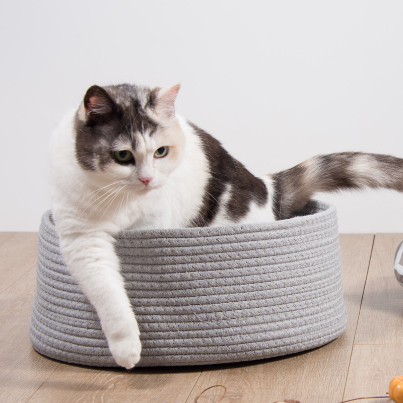 Woven Pet Cave With Cotton Rope Round Cat Bed 2 In 1 Cat Scratcher Cat Basket Small Animals