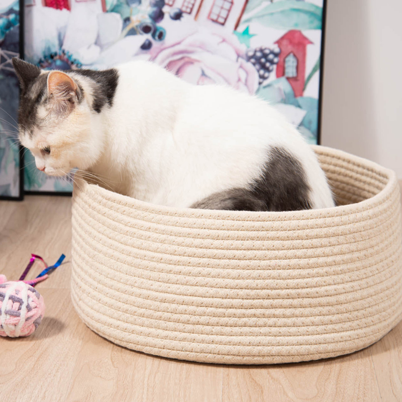 Woven Pet Cave With Cotton Rope Round Cat Bed 2 In 1 Cat Scratcher Cat Basket Small Animals
