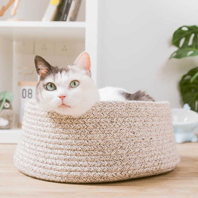 Woven Pet Cave With Cotton Rope Round Cat Bed 2 In 1 Cat Scratcher Cat Basket Small Animals