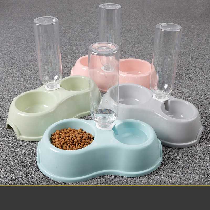 4 Colors Nonslip Pet Food Feeding Plastic Double Bowl Feeders With 500ml Drinking Bottle Water Dispenser