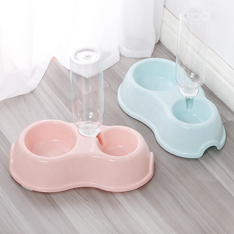 4 Colors Nonslip Pet Food Feeding Plastic Double Bowl Feeders With 500ml Drinking Bottle Water Dispenser