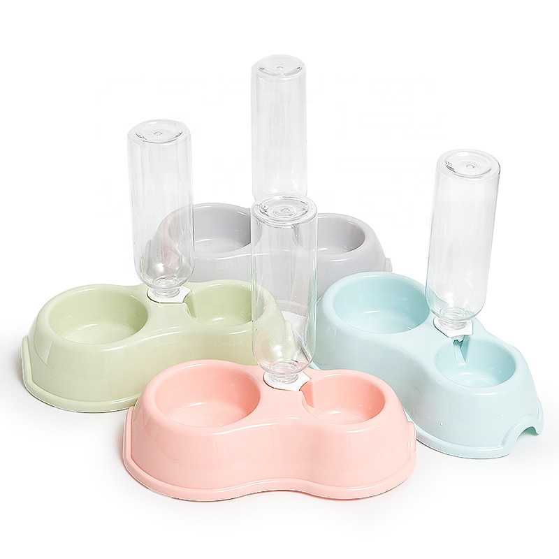 4 Colors Nonslip Pet Food Feeding Plastic Double Bowl Feeders With 500ml Drinking Bottle Water Dispenser