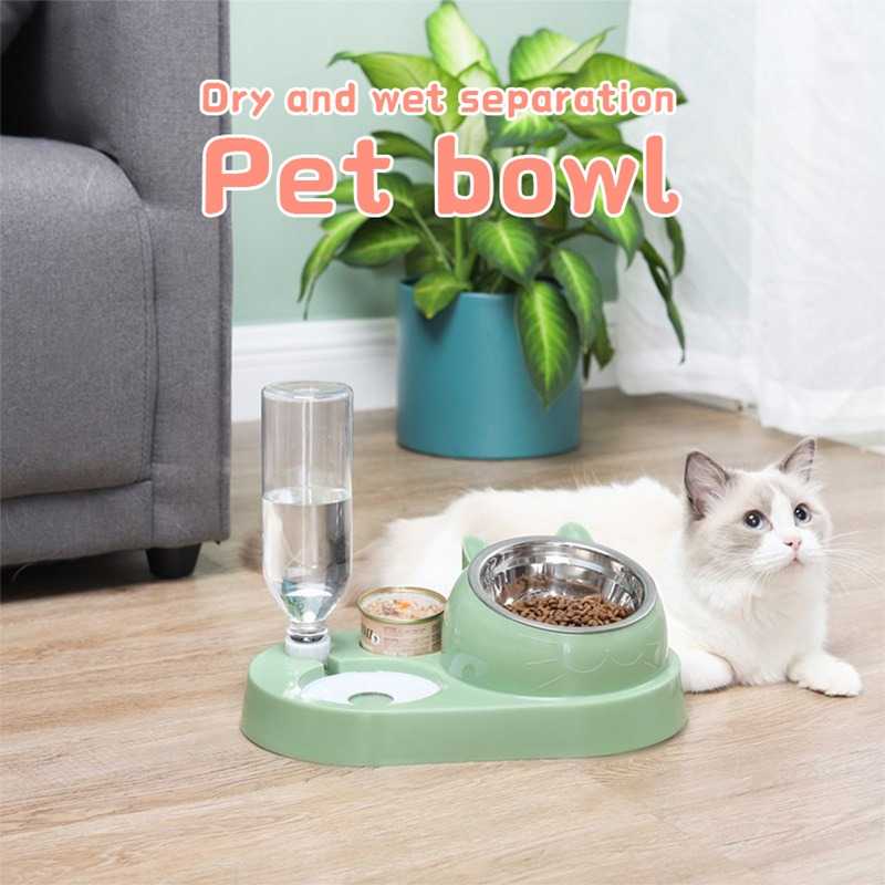 4in1 Cat Dog Bowl Automatic Feeder Pet Food With Water Dispenser 15 Degrees Tilted Stainless Steel Puppy Feeding Tool