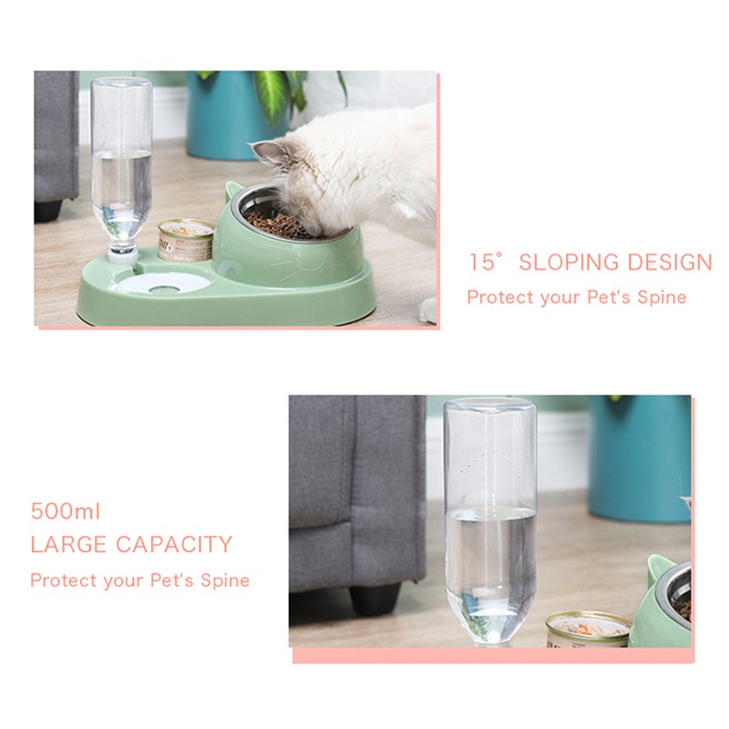 4in1 Cat Dog Bowl Automatic Feeder Pet Food With Water Dispenser 15 Degrees Tilted Stainless Steel Puppy Feeding Tool