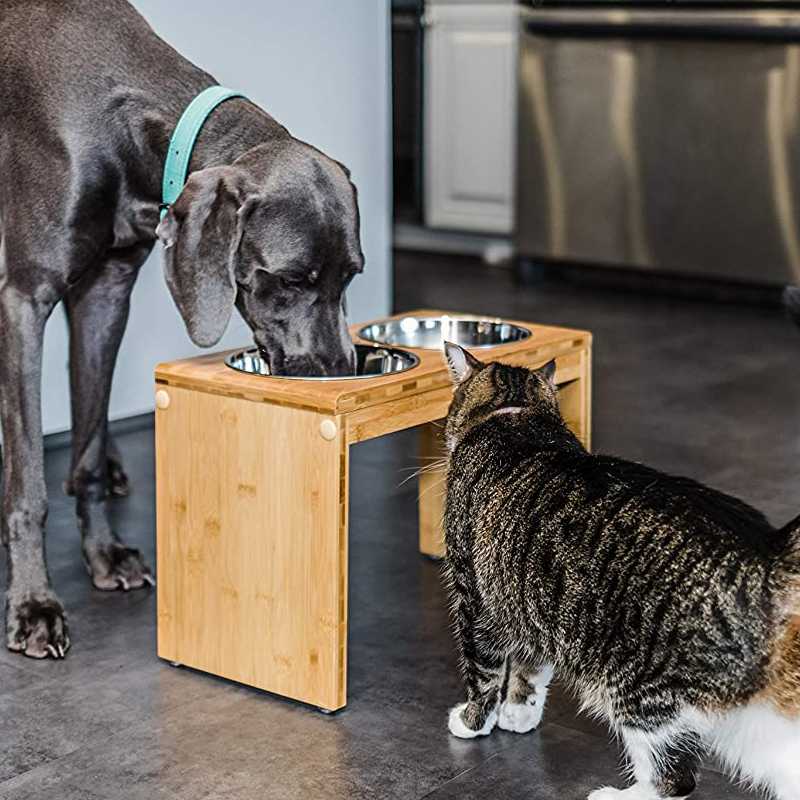 Bamboo Raised DogCat Bowls SetBamboo Pets Feeder Stand With 2 Stainless Steel BowlsElevated Bamboo Holder