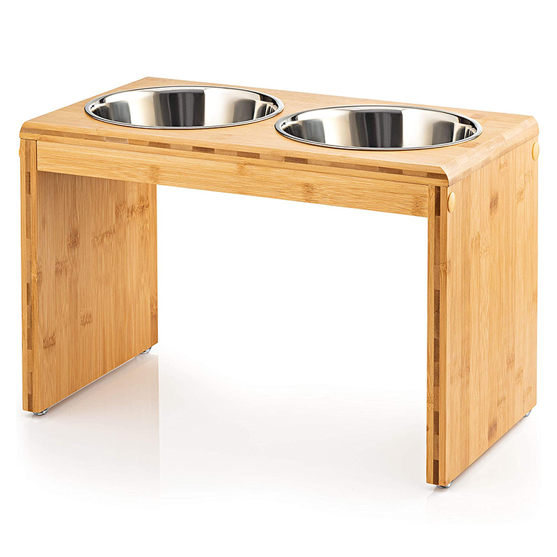 Bamboo Raised DogCat Bowls SetBamboo Pets Feeder Stand With 2 Stainless Steel BowlsElevated Bamboo Holder