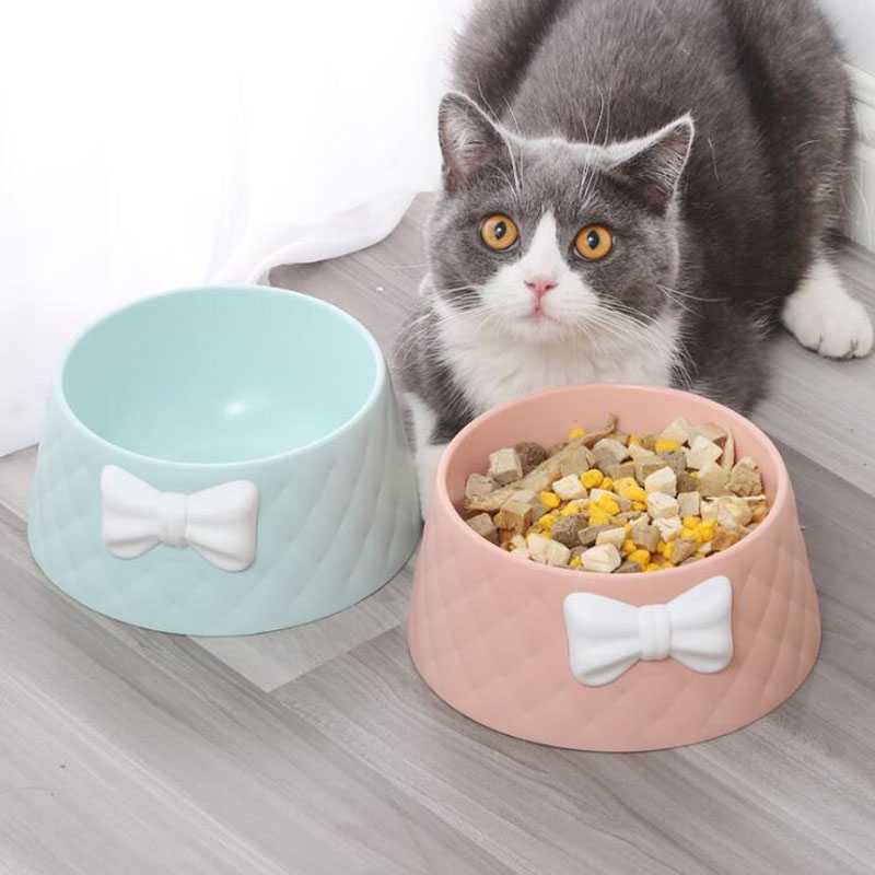 Bow Rhombus Pattern Water Bowl Pet Bowl Nordic Round Mouth Leakproof Dog Cat Bowl