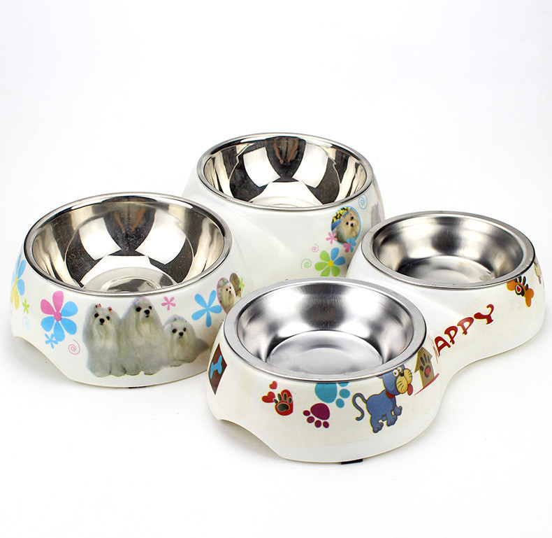 Cartoon Melamine Pet Bowl Dog Stainless Steel Double Bowl Twoinone Dog Nonslip Cat Food Bowl