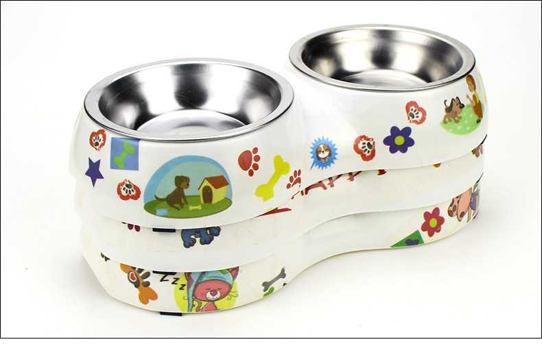 Cartoon Melamine Pet Bowl Dog Stainless Steel Double Bowl Twoinone Dog Nonslip Cat Food Bowl