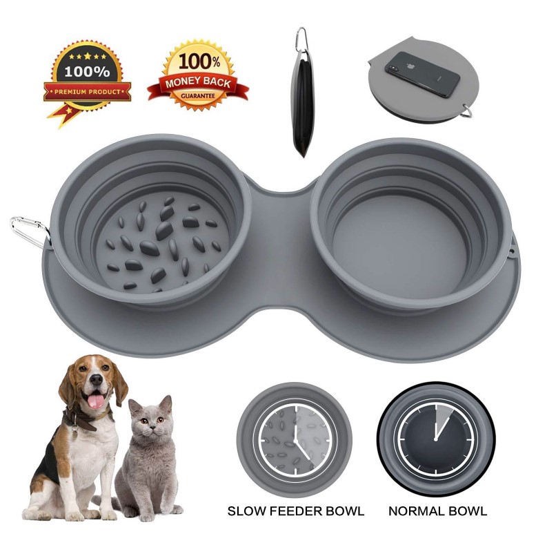 Collapsable Silicone Dog Bowl Slow Feeder Foldable Pet Water Food Feeding Silicone Double Portable Dog Bowl