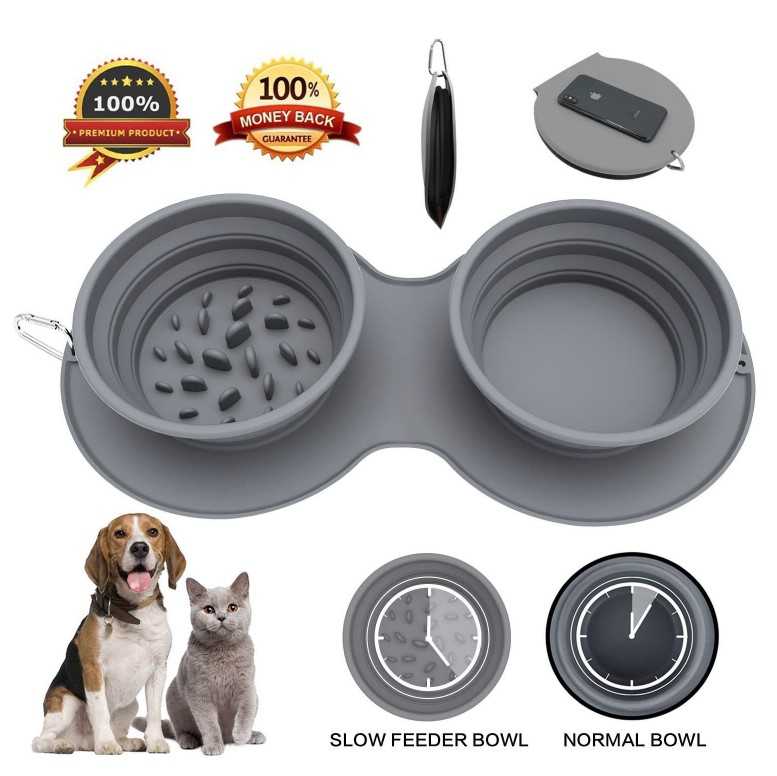 Collapsable Silicone Dog Bowl Slow Feeder Foldable Pet Water Food Feeding Silicone Double Portable Dog Bowl