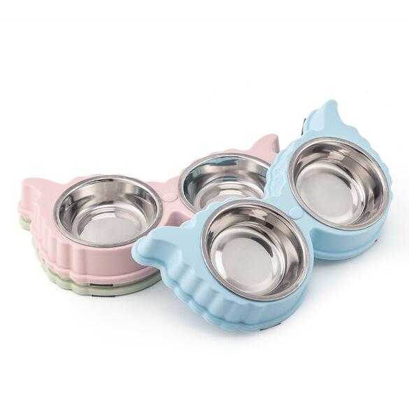 Creative CatShaped Detachable Plastic Stainless Steel Double Pet Dog Food Water Bowl With NonSlip Mat