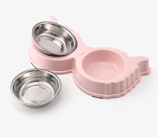 Creative CatShaped Detachable Plastic Stainless Steel Double Pet Dog Food Water Bowl With NonSlip Mat