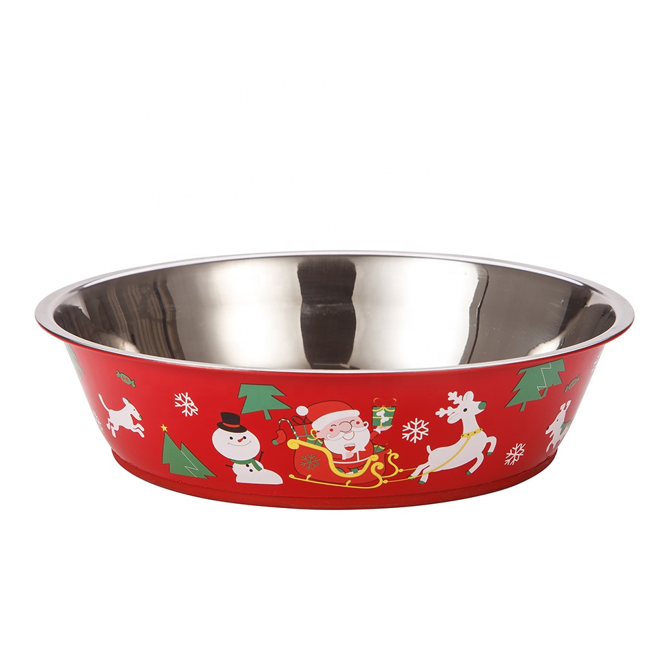 Custom Christmas Print Pattern Personalized Stainless Steel Pet Container Dog Nonslip Travel Bowl Basin