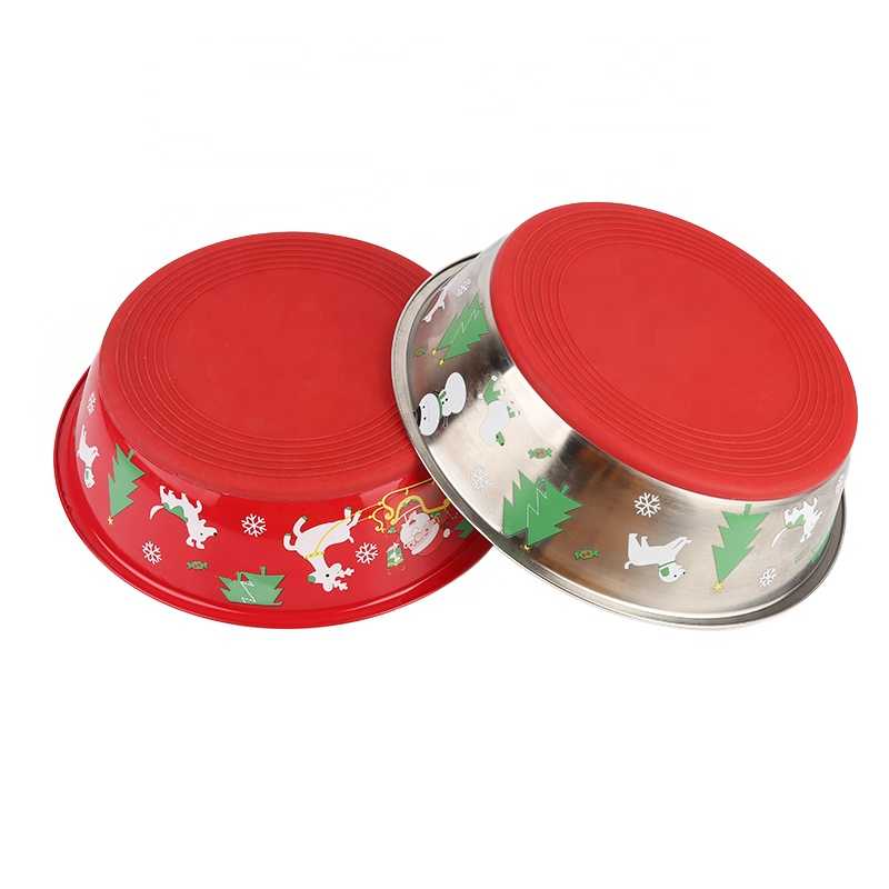 Custom Christmas Print Pattern Personalized Stainless Steel Pet Container Dog Nonslip Travel Bowl Basin