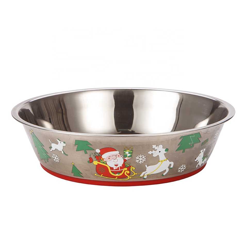 Custom Christmas Print Pattern Personalized Stainless Steel Pet Container Dog Nonslip Travel Bowl Basin