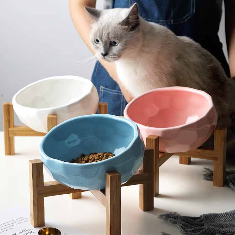 Custom Color Ceramic Dogs Cats Food Feeder Round Pet Bowls With Wooden Shelf