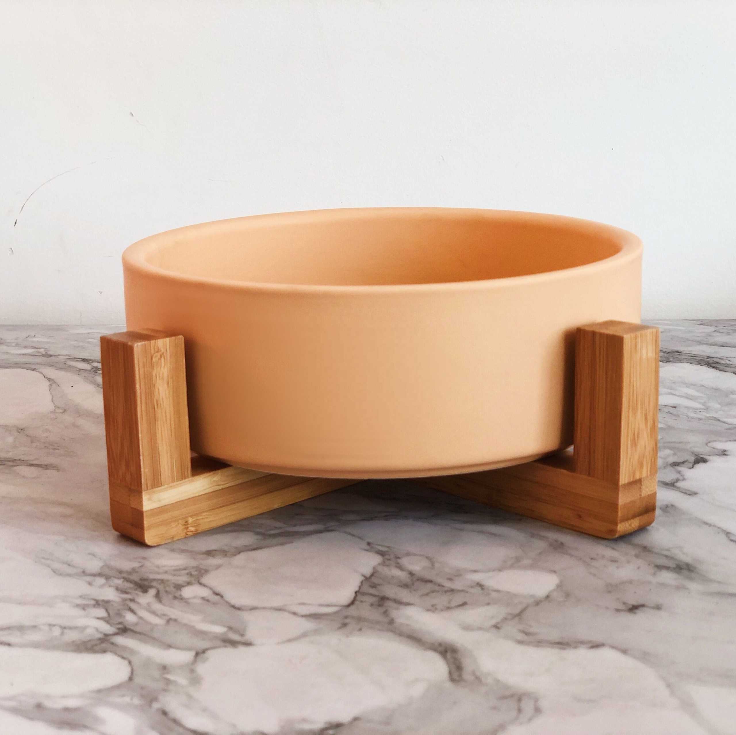 Custom Matted Elevated Dog Bowl Non Slip Ceramic Pet Bowl With Wooden Stand