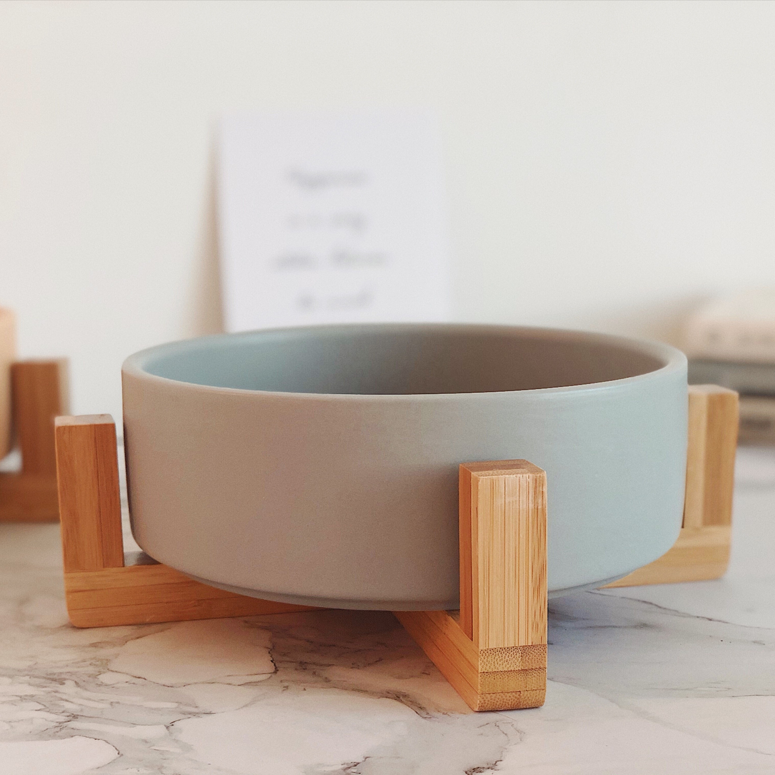 Custom Matted Elevated Dog Bowl Non Slip Ceramic Pet Bowl With Wooden Stand