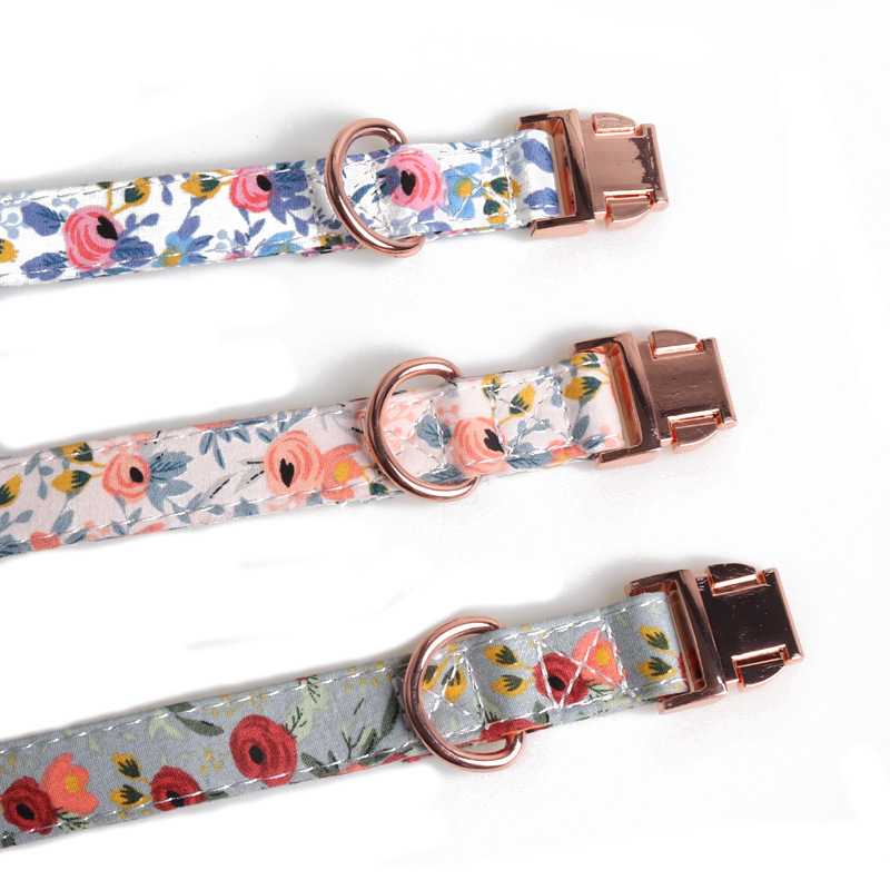 Custom Metallic Rose Gold Button Pet Floral Bow Collar Adjustable Pet Cat Dog Collar