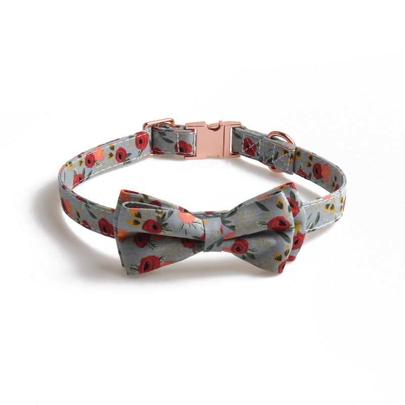 Custom Metallic Rose Gold Button Pet Floral Bow Collar Adjustable Pet Cat Dog Collar