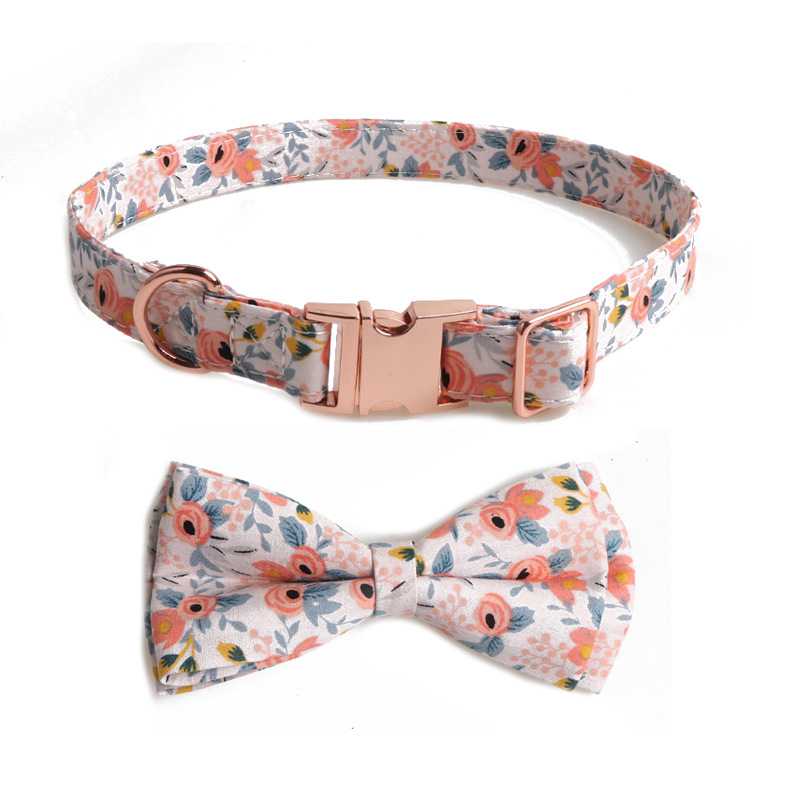 Custom Metallic Rose Gold Button Pet Floral Bow Collar Adjustable Pet Cat Dog Collar