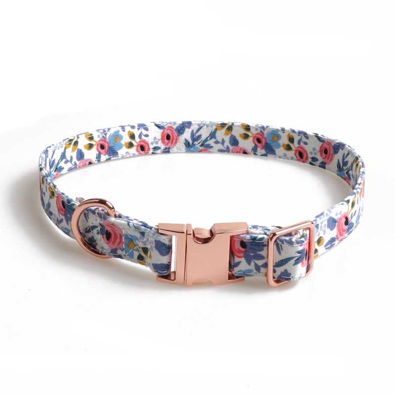 Custom Metallic Rose Gold Button Pet Floral Bow Collar Adjustable Pet Cat Dog Collar