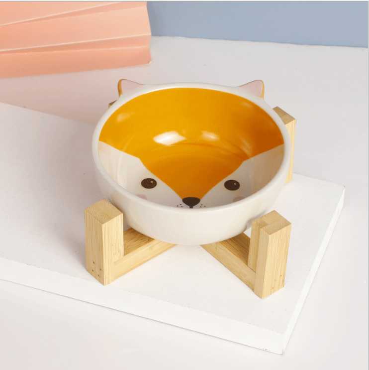 Cute Binaural Cartoon Animal Printed Cat Bowl Dog Feeder Wooden Stand Ceramic Pet Bowl