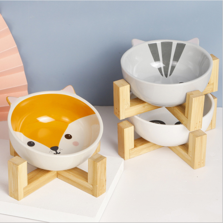Cute Binaural Cartoon Animal Printed Cat Bowl Dog Feeder Wooden Stand Ceramic Pet Bowl