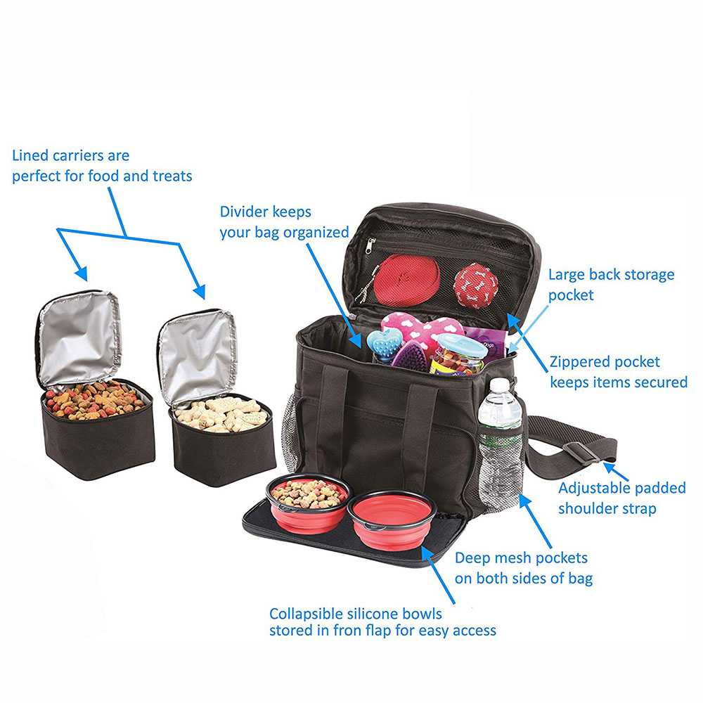 Dog Travel Bag Accessories Supplies Organizer Shoulder Strap Pet Food Containers Feeding Bowls