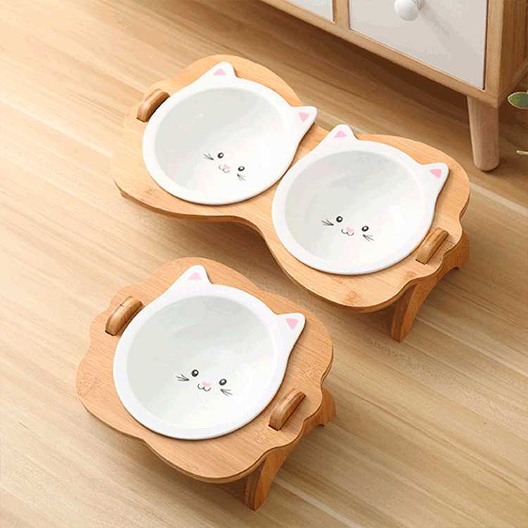 Double Diner Pet Bowl Cute Dog Shape Bamboo Wood Natural Material Dog Bowls Feeder With Two Drawers