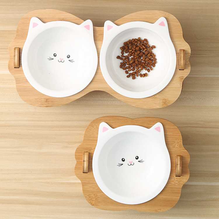 Double Diner Pet Bowl Cute Dog Shape Bamboo Wood Natural Material Dog Bowls Feeder With Two Drawers