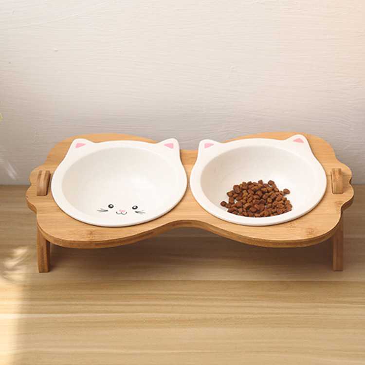 Double Diner Pet Bowl Cute Dog Shape Bamboo Wood Natural Material Dog Bowls Feeder With Two Drawers